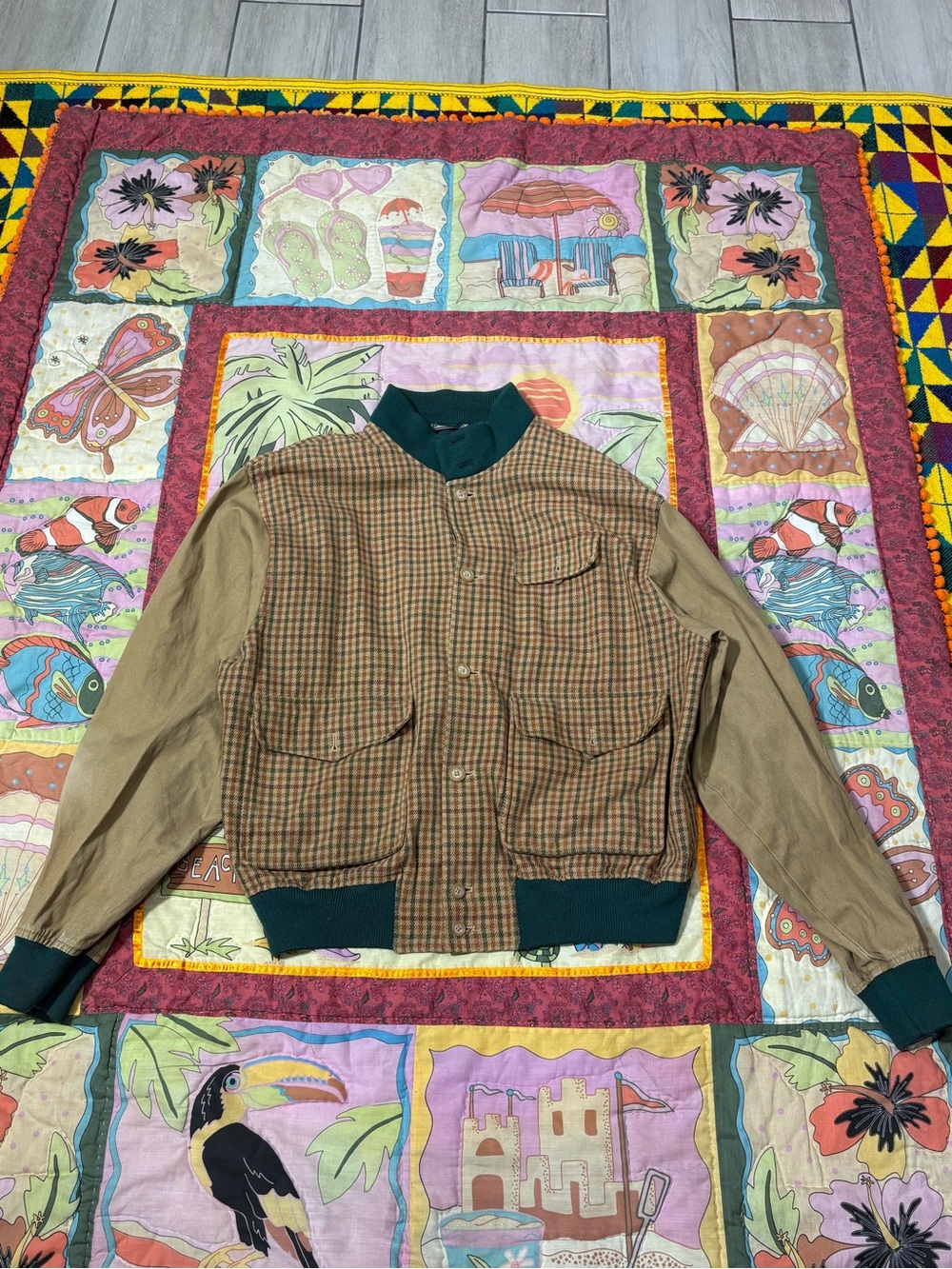 VINTAGE 80s 90s Polo Ralph Lauren Plaid Wool Bomber Jacket Beige Green